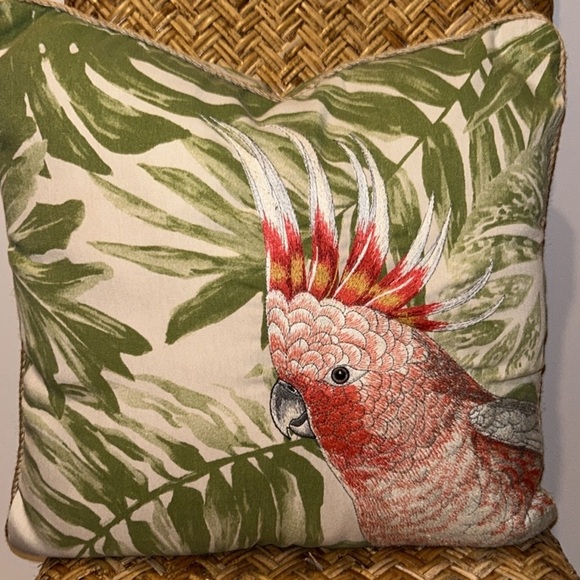 PIER 1 Cockatoo Embroidered Tropical Palm Leaf Indoor Outdoor Pillow 18” X 18” - Picture 3 of 15